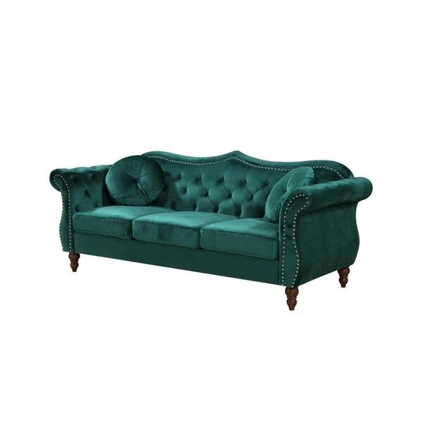 Crushed Velvet Chesterfield Sofa with Nailhead Trim – Blue / Grey / Ivory / Green, Button-Tufted, Seats 3
