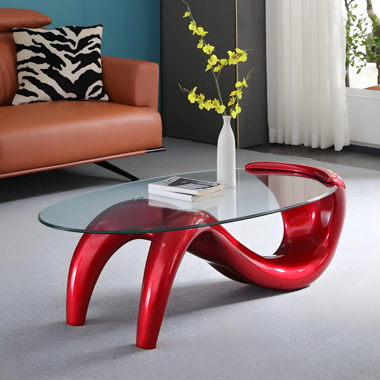 Abstract Modern Oval Glass Top Metal Base Coffee Table