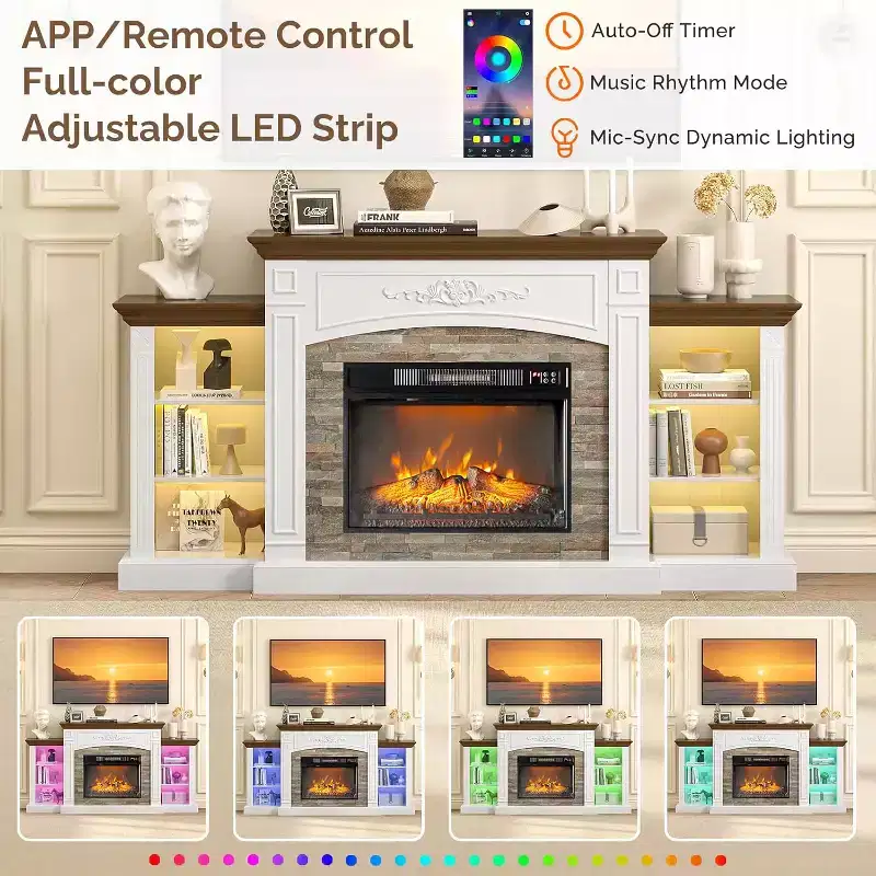 VINGLI 70'' Fireplace TV Stand for 80 inch TVs, Electric Fireplace with Mantel, Modern Entertainment Center with LED