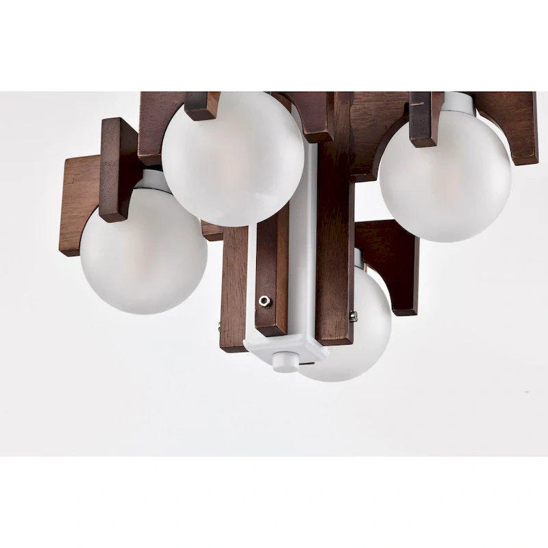 12  Tripner White Finish and Stained Wood Pendant Ceiling Lamp with Opaque Globes