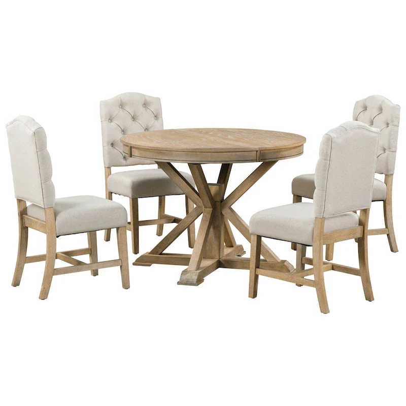 Natural Wood Wash Retro 5-Piece Wooden Dining Table Set with Extendable Round Table & 4 Chairs