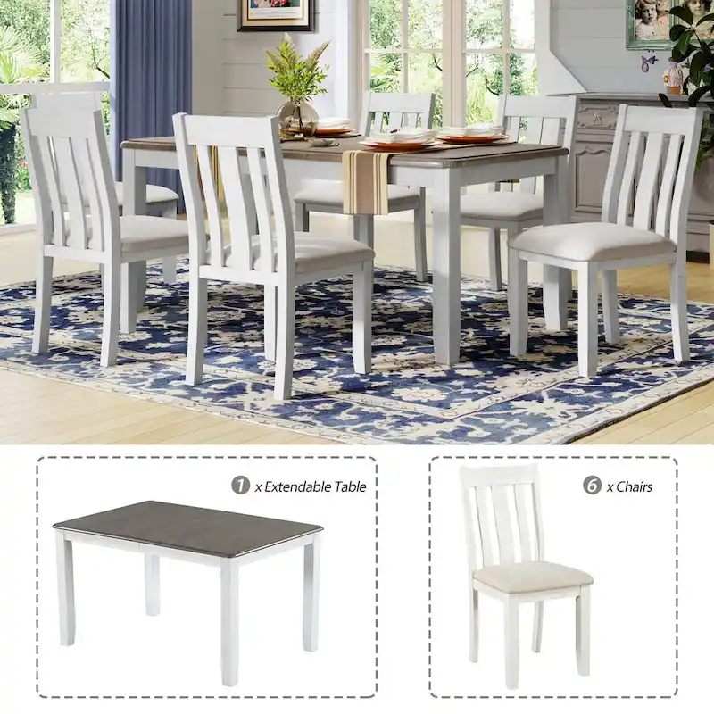 Retro Style 7-Piece Dining Table Set with Extendable Table and 6 Upholstered Chairs