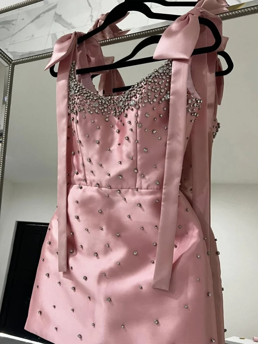 Pink Square Neck Satin Short Strapless Homecoming Dress With Bows