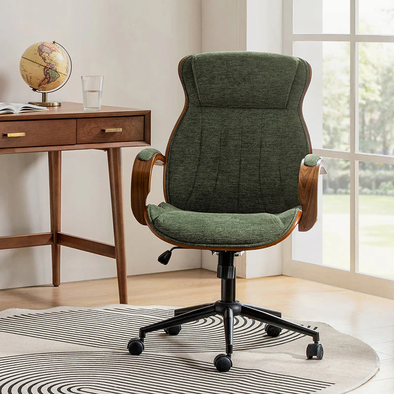 Ergonomic Office Chair with Headrest, Padded Wood Arms, Adjustable Height, Swivel & Rocking Function | Moss / Navy / Grey | Single Seat
