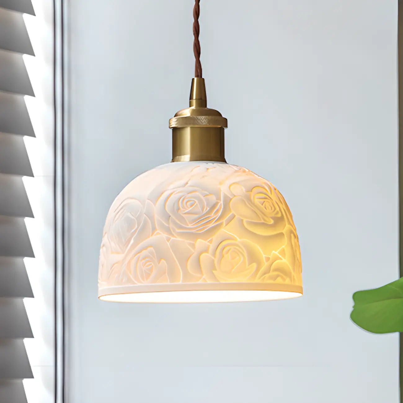 Elegant Brass Rose Ceramics Dome Pendant Light