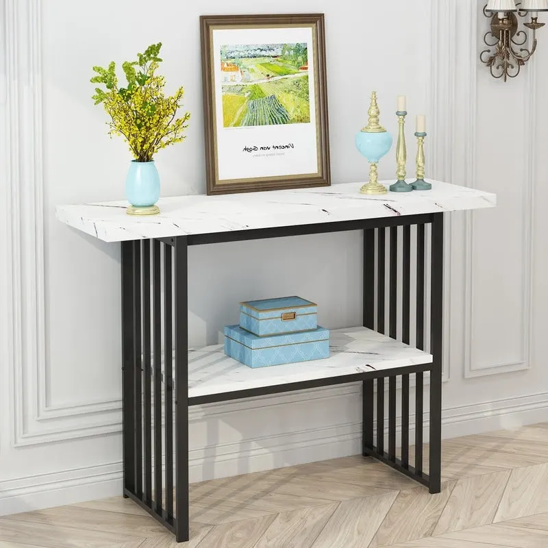 Narrow Console Table with Geometric Metal Legs – Gold / Black