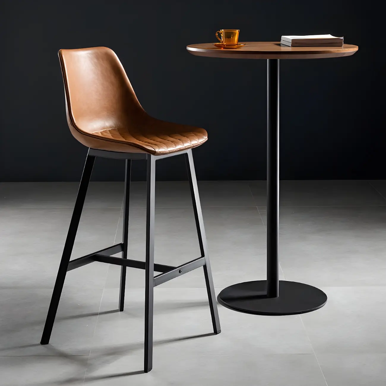 Modern Brown Wood Grain Black Metallic Pedestal Bar Tables