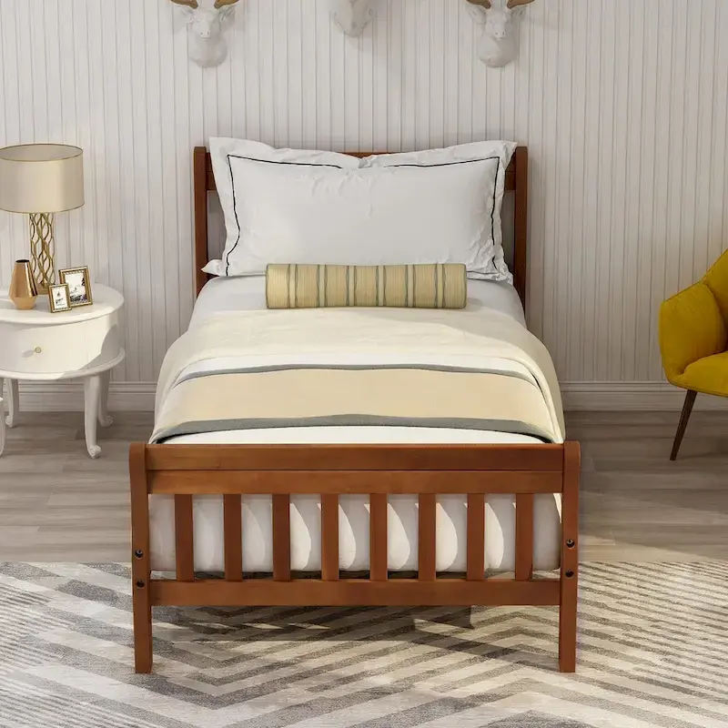 Twin Size Wood Platform Bed with Headboard and Footboard