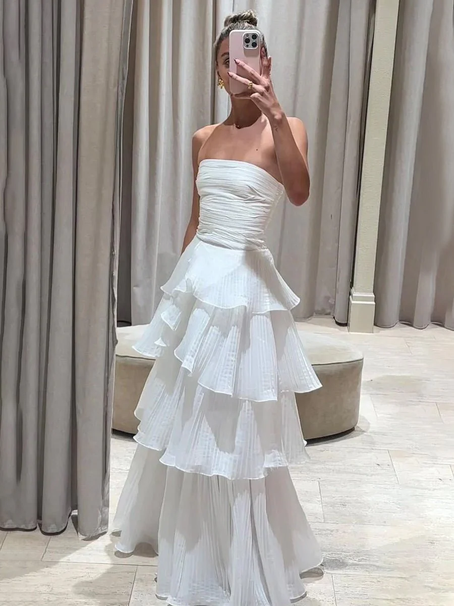 Cute A-Line  Chiffon Strapless Tiered Wedding Dresses