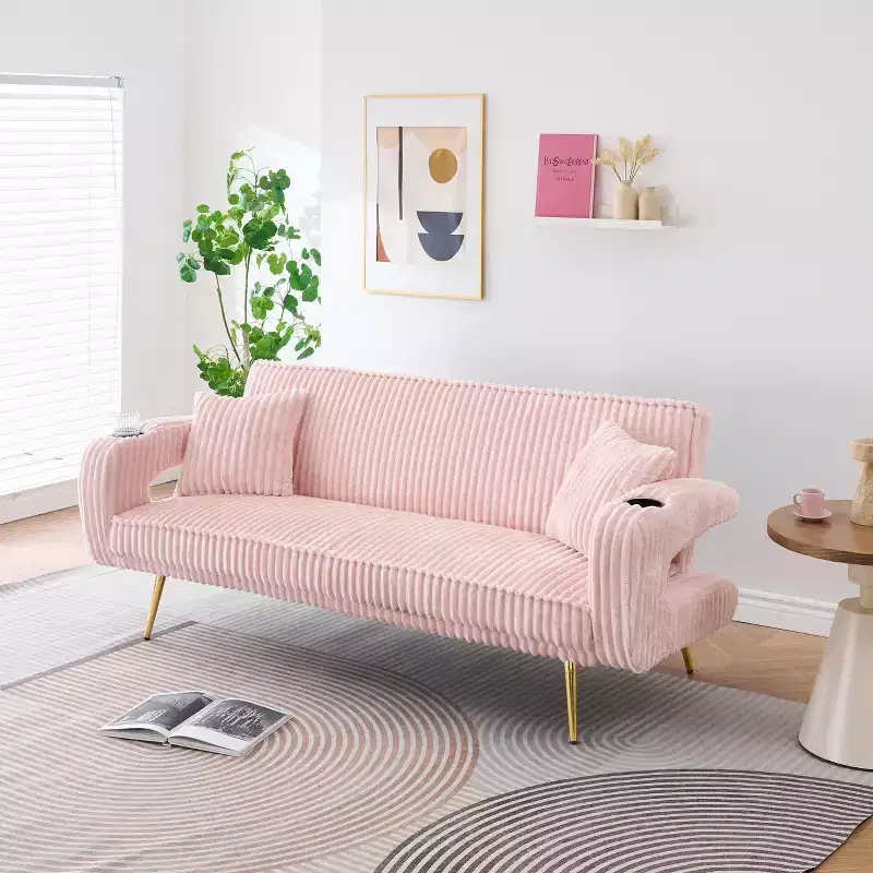MAYEERTY Straight Corduroy Sofa Bed with Pillows Adjustable in The Three Levels for Use In Living Room Pink