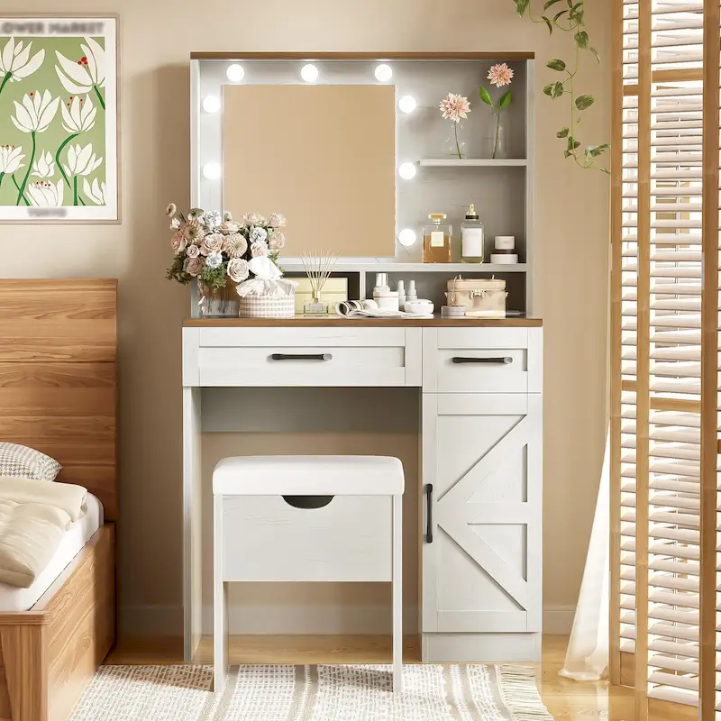 Brown & White Farmhouse Vanity Desk with Mirror & Lights, 1-Person, Barn Door Style