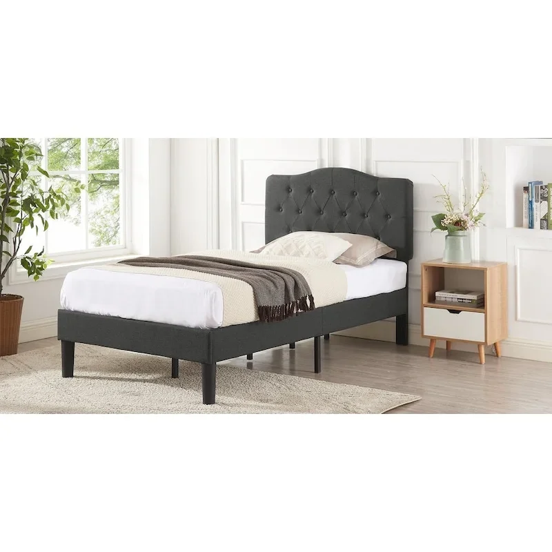 VECELO Modern Upholstered Bed with Height Adjustable Tufted Headboard ,Dark Grey