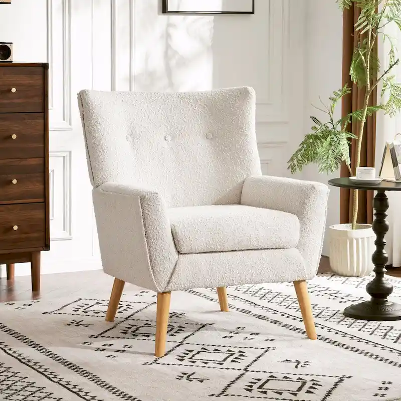 Modern Plush Fabric Accent Chair with Wood Legs