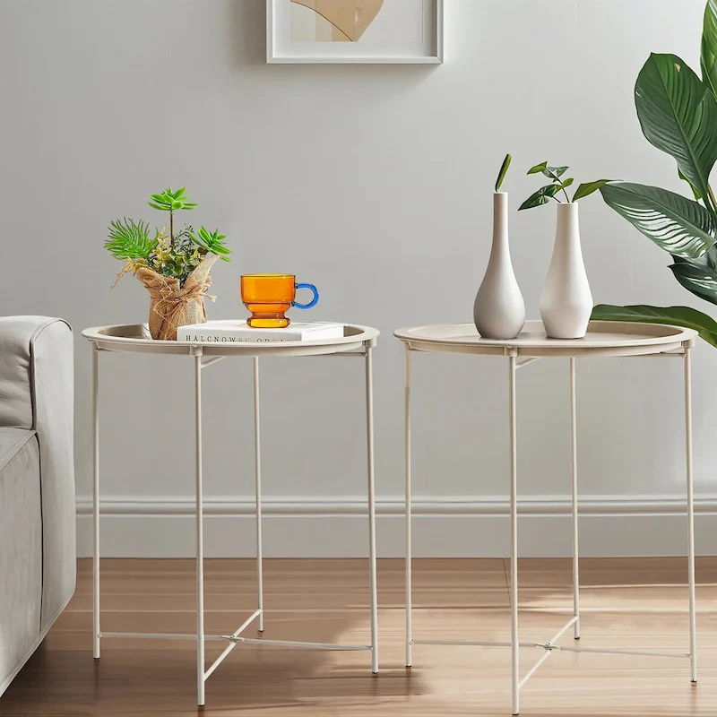 Folding Round TV Tray Tables, Small Round Steel Side Table, No Assembly Required - 18.5 x 18.5 x 19.7 in