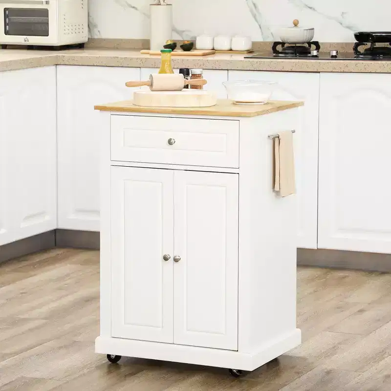 HOMCOM Rolling Kitchen Island Cart, Portable Serving Trolley Table with Drawer, Adjustable Shelf and 2 Towel Racks