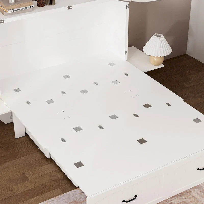White Fold-Down Murphy Bed Cabinet, Single, with Storage