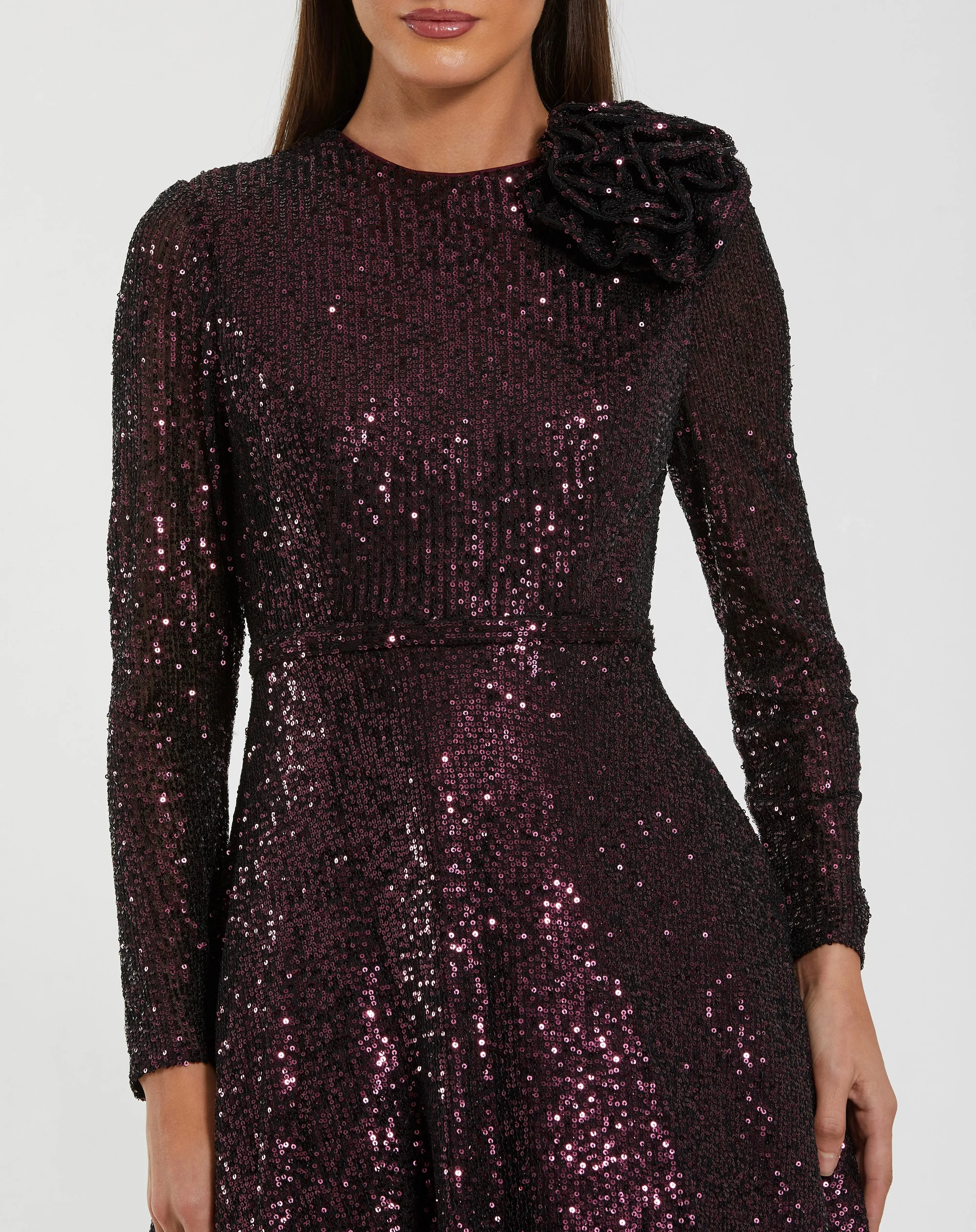 Dark Purple Long Sleeve Sequin Ball Gown With 3D Flower