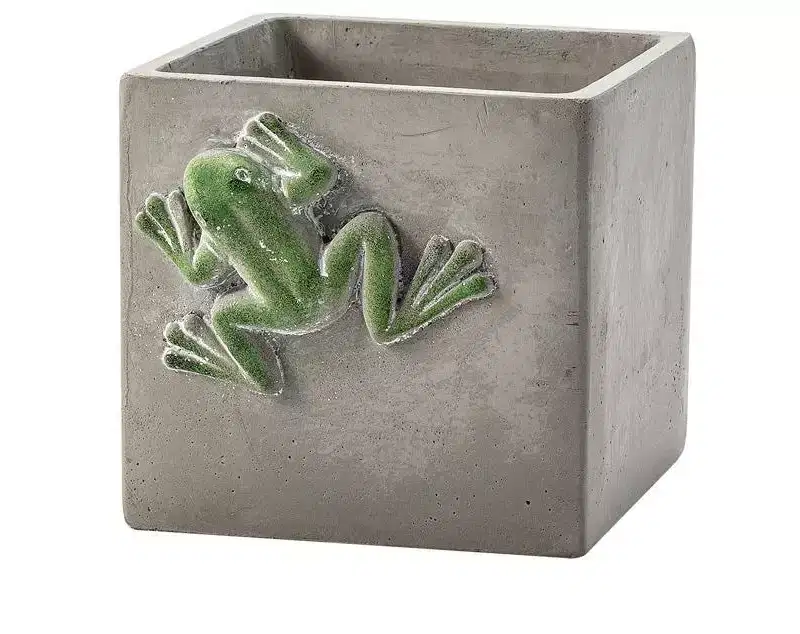 Napco Climbing Green Tree Frog Square 4.75 x 4.75 x 4.75 inches Natural Grey Concrete Stone Flower Succulent Plant Pot Planter Container Holder,