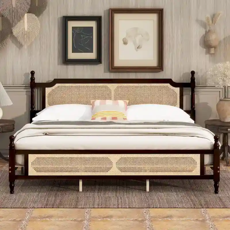 King Platform Bed with Rattan Headboard & Under-Bed Storage