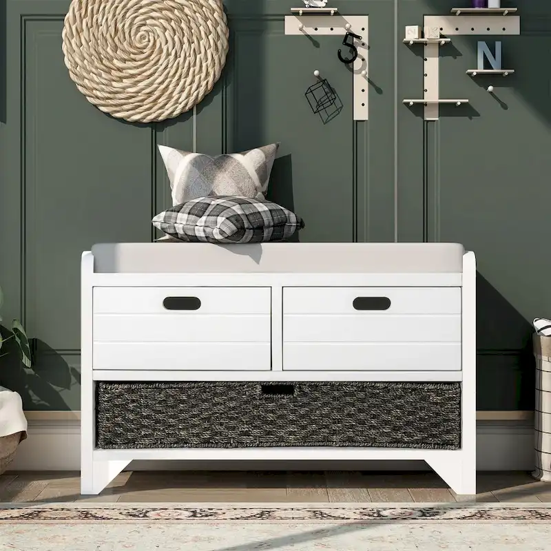 Storage Bench with Removable Basket and 2 Drawers, Removable Cushion