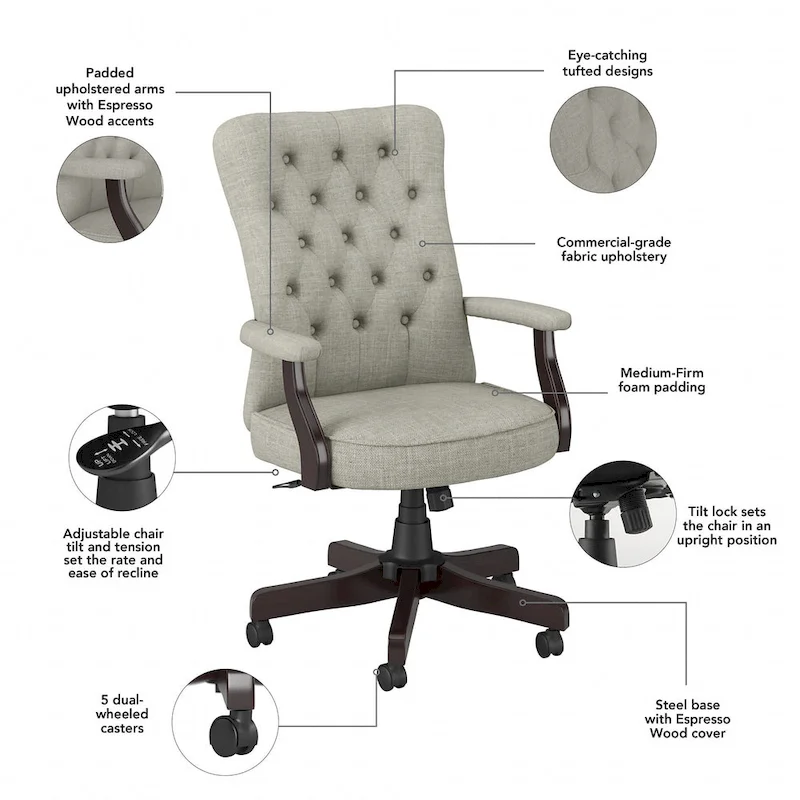 High Back Tufted Office Chair with Arms - Espresso Wood Base