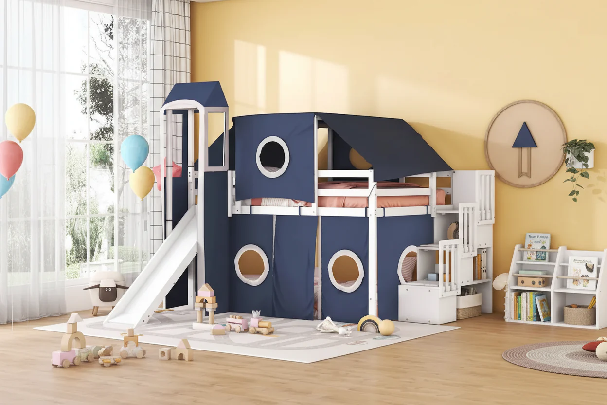 Full Size Castle Loft Bed, Playhouse Design, Window Cutouts, Solid Pine and MDF, Kids Style, Blue / Pink, 1 Person