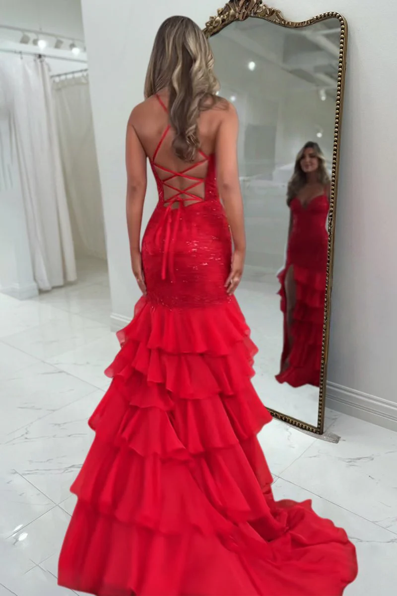 Red - Spaghetti Straps Mermaid Lace Appliqued Prom Dresses With Ruffles