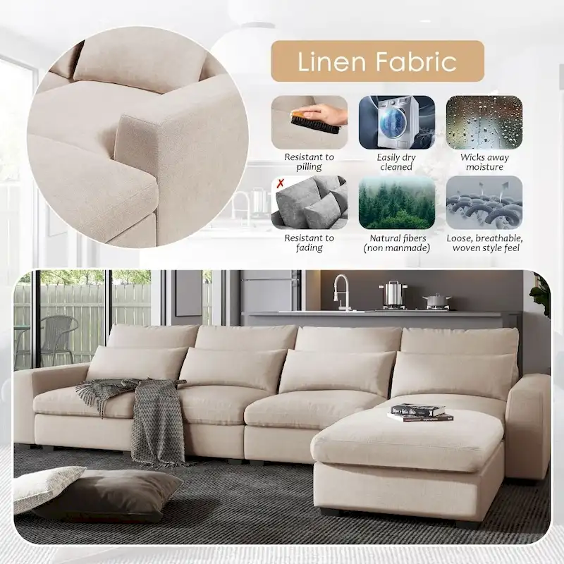 Modern Convertible L-Shaped Linen Feather Filled Reversible Sectional Sofa