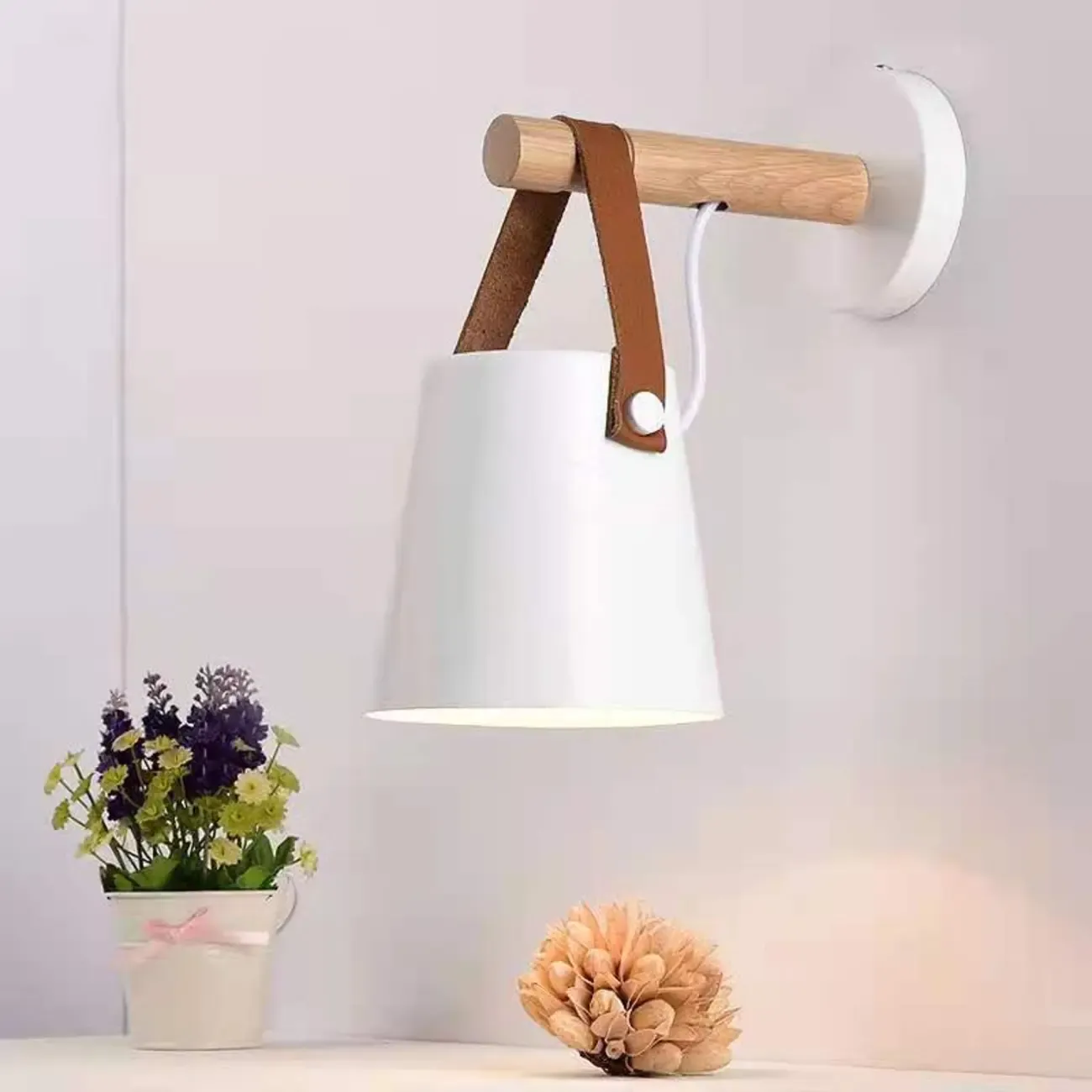 Modern Wall Sconce Wood and Metal with Leather Strap