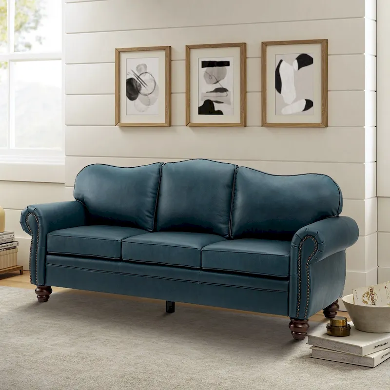 Balvino 81 Wide Transitional Genuine Leather Rolled Arm Sofa with Nailhead Trim and Removable Cushions