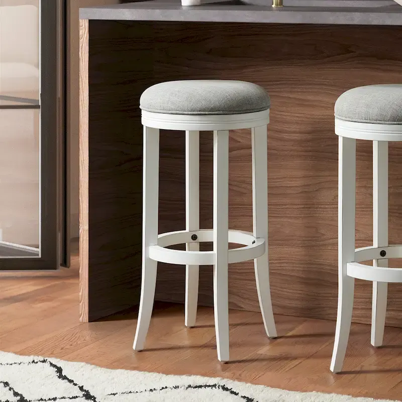 New Ridge Home Goods Avery White Wood Backless Swivel Bar Stool, Gray Fabric Seat