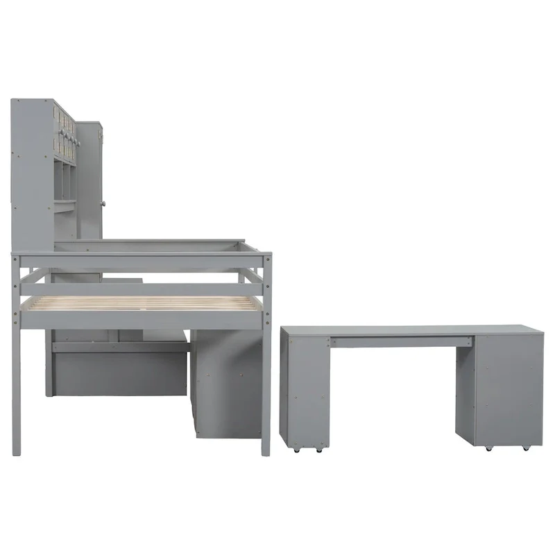 Full Size Wooden Loft Bed Big Storage with Under-bed Desk