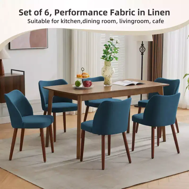GustoWave Set of 6 Modern Wing Back Dining Chairs, Linen Upholstered High Back Wood Legs, Thick Cushions Space-Saving Kitchen
