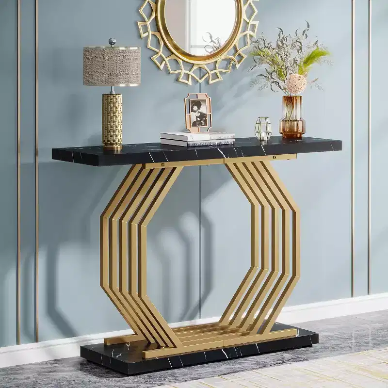 Lantine 40-Inch Gold Console Table, Faux Marble Entryway Narrow Sofa Table with Geometric Metal Base for Living Room, Hallway, Foyer, Black