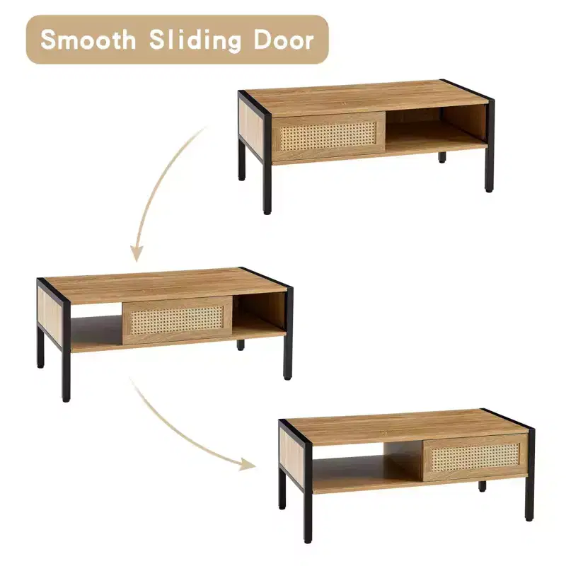 Coffee Table, 40.16 Inch Modern Design  Hidden Compartment & Open Shelf Rattan Panel Metal Legs for Living Room/Office