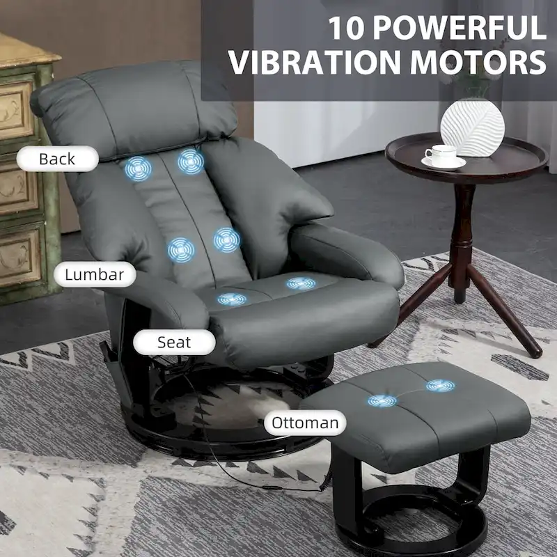 Gray Massage Recliner Chair with Footstool, 360° Swivel, Single Seat