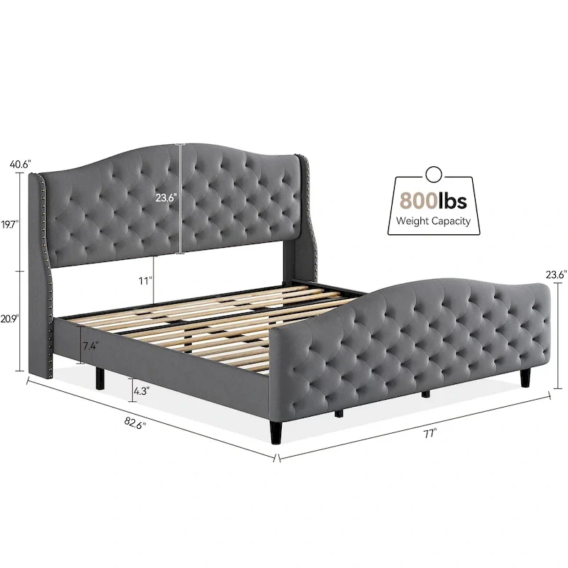 Bed Frame With Velvet Upholstered Headboard And Footboard