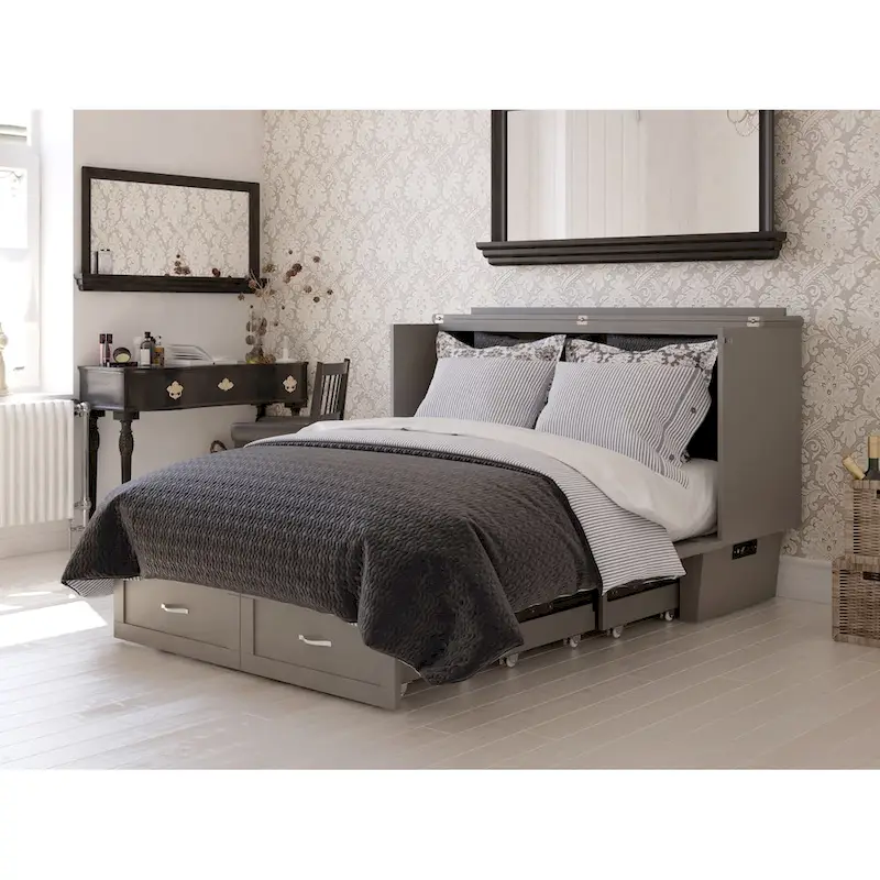 Queen Murphy Bed Chest with Mattress and Built-In Charger