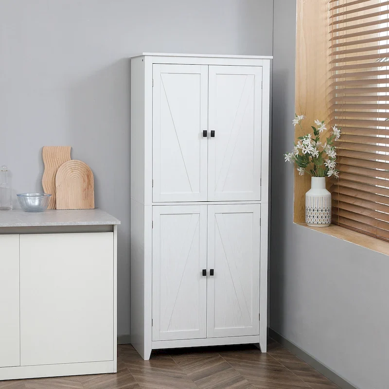 72 Freestanding 4-Door Kitchen Pantry, Storage Cabinet Organizer with 4-Tiers, and Adjustable Shelves, White