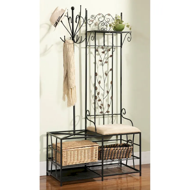 Black & White Metal Hall Tree Coat Rack Bench with Storage – Single