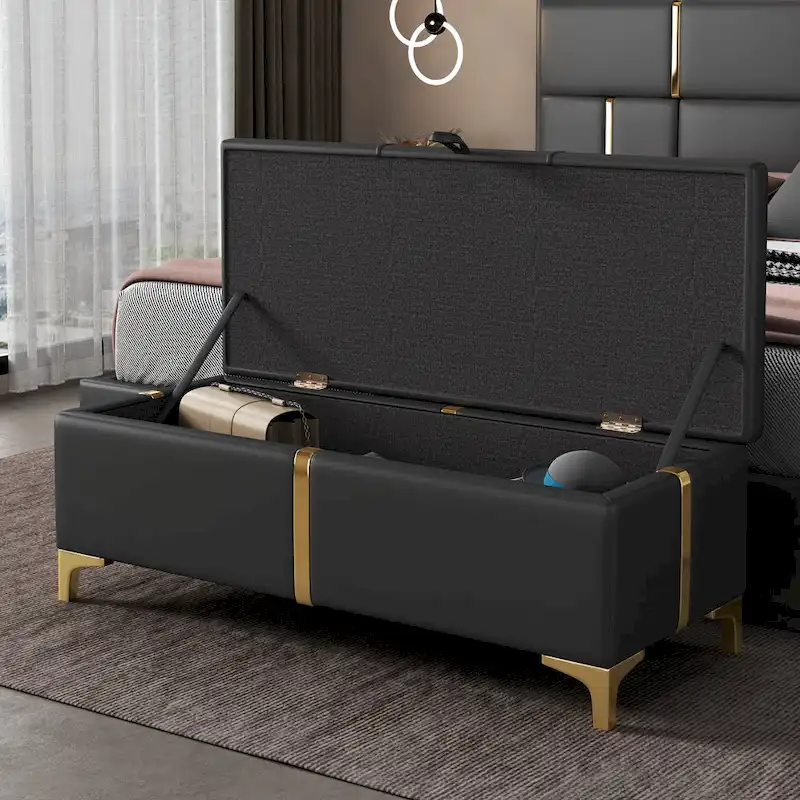 PU Fabric Upholstered Storage Ottoman Bench with Metal Legs, Fully Assembled Except Legs