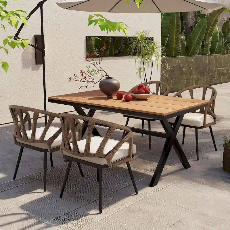 Contemporary Outdoor Dining Set with PE Rattan Chairs, Plastic Wood Dining Table with X-Cross Legs Set for 4
