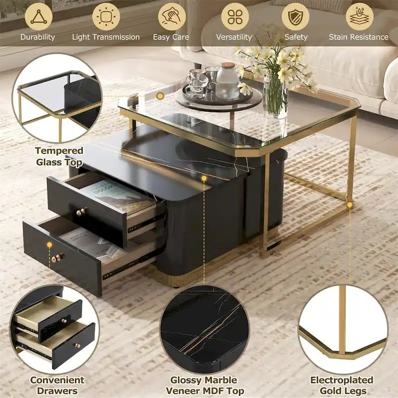 2 Pieces Nesting Coffee Table w/ Drawers & Electroplated Gold Legs