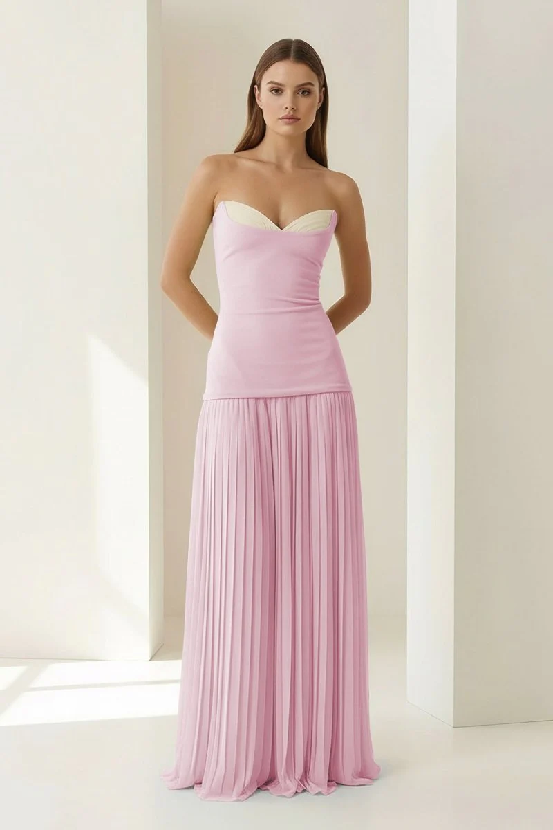 Blue Strapless Sheath Chiffon Pleated Long Prom Dresses