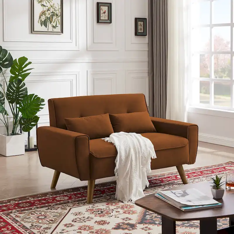 Brown / Light Grey Tufted Linen Loveseat with Tapered Wood Legs & 2 Pillows, 2-Seater