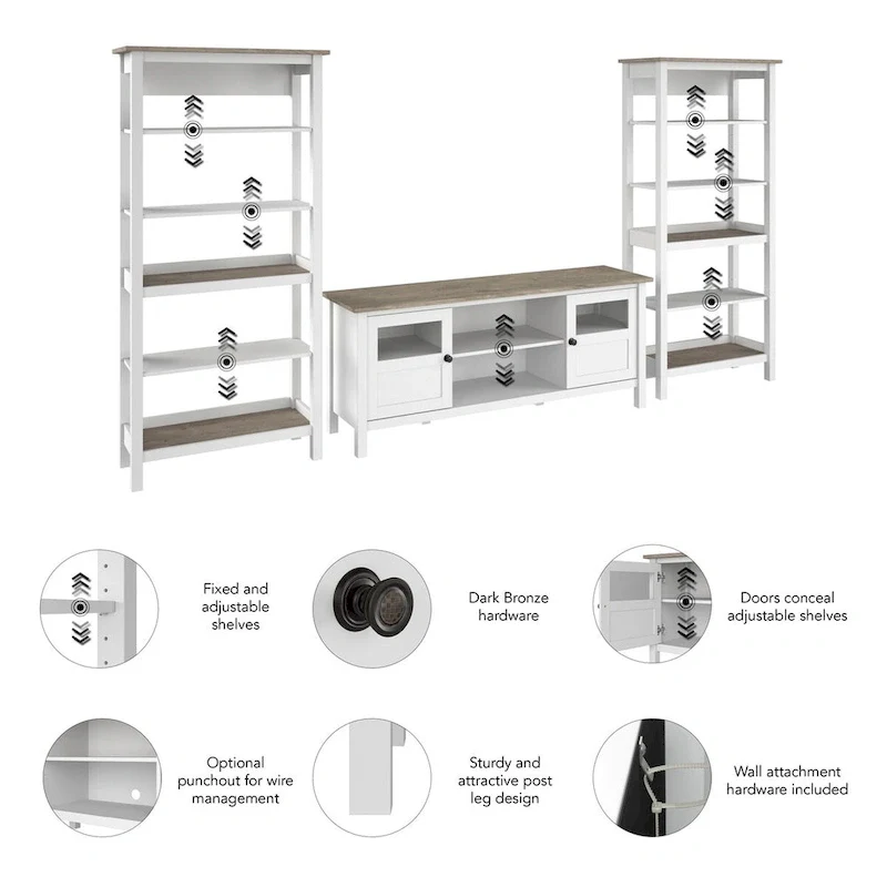 Bush Furniture Mayfield Farmhouse 60W TV Stand with Bookcases.