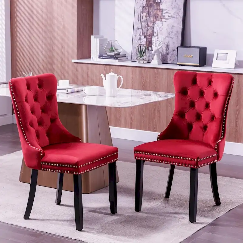 Velvet Dining Chairs, Tufted Solid Wood Armless Chairs Accent Chair with Nailhead Trim and Back Ring Pull