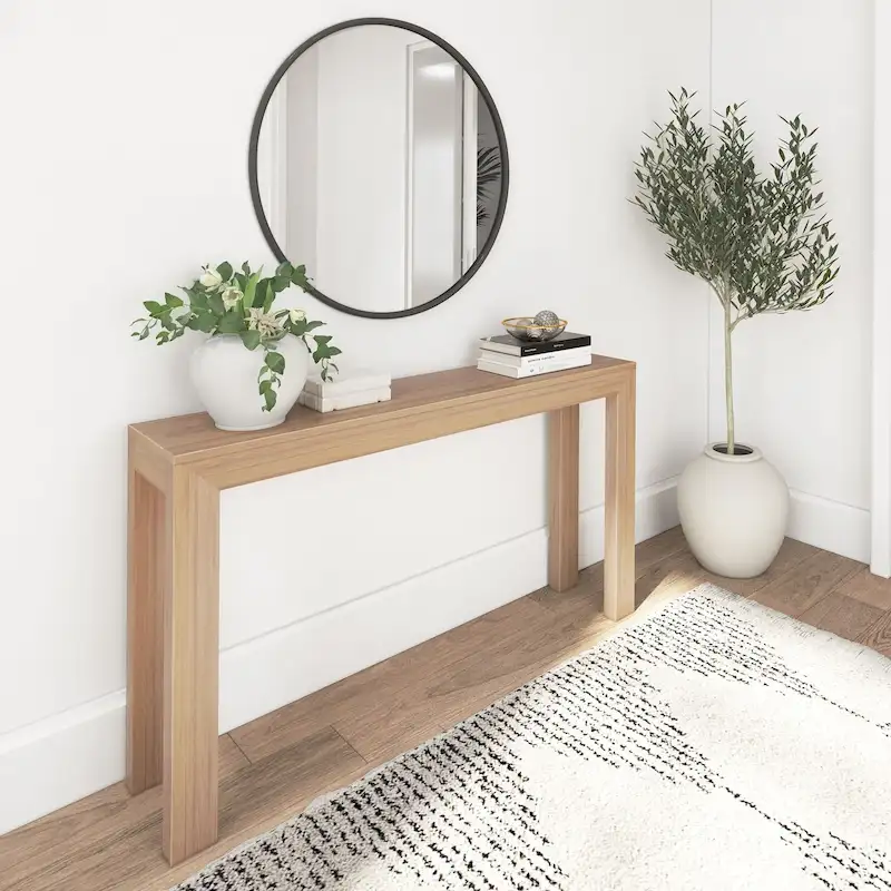 56-inch Modern Solid Pine Console Table – Pecan / Black, Single