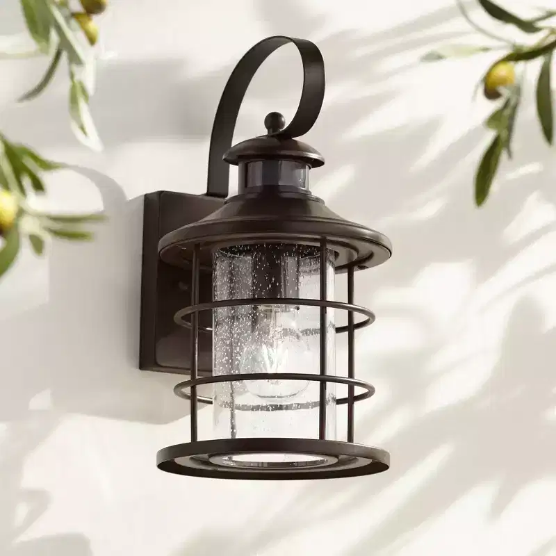 John Timberland Coastal Outdoor Light Fixture Oiled Bronze 14 Seedy Glass Lantern Dusk to Dawn Motion Security Sensor for Exterior Porch