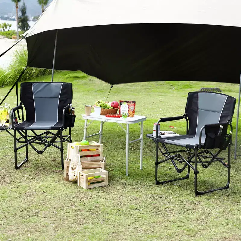 2 Pcs Oversized Folding Director Camping Chair, Portable Outdoor Chair with Aluminum Side Table & Pocket, Support 400 LBS Frame, for Lawn, Black